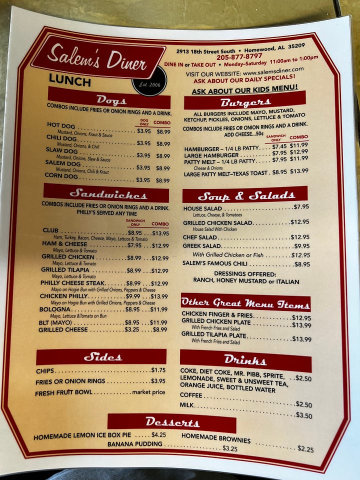 breakfast and lunch menus from Salem's Diner in Homewood, Alabama