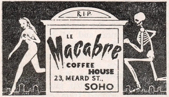 Flyers and exterior/interior views of Le Macabre Club.