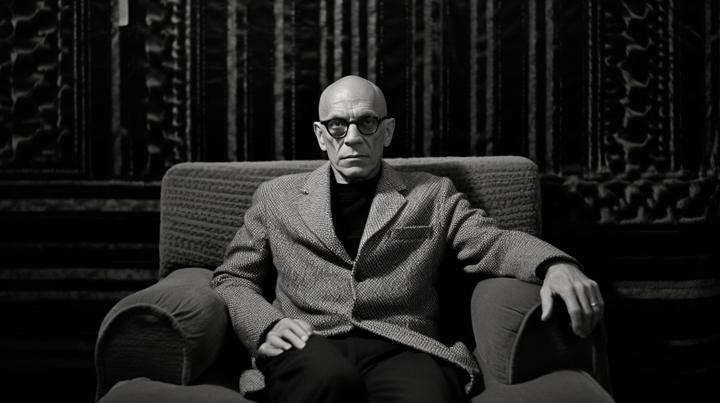 AI Generated image of Michel Foucault sitting on a sofa. AI Generated image of Michel Foucault sitting on a sofa.