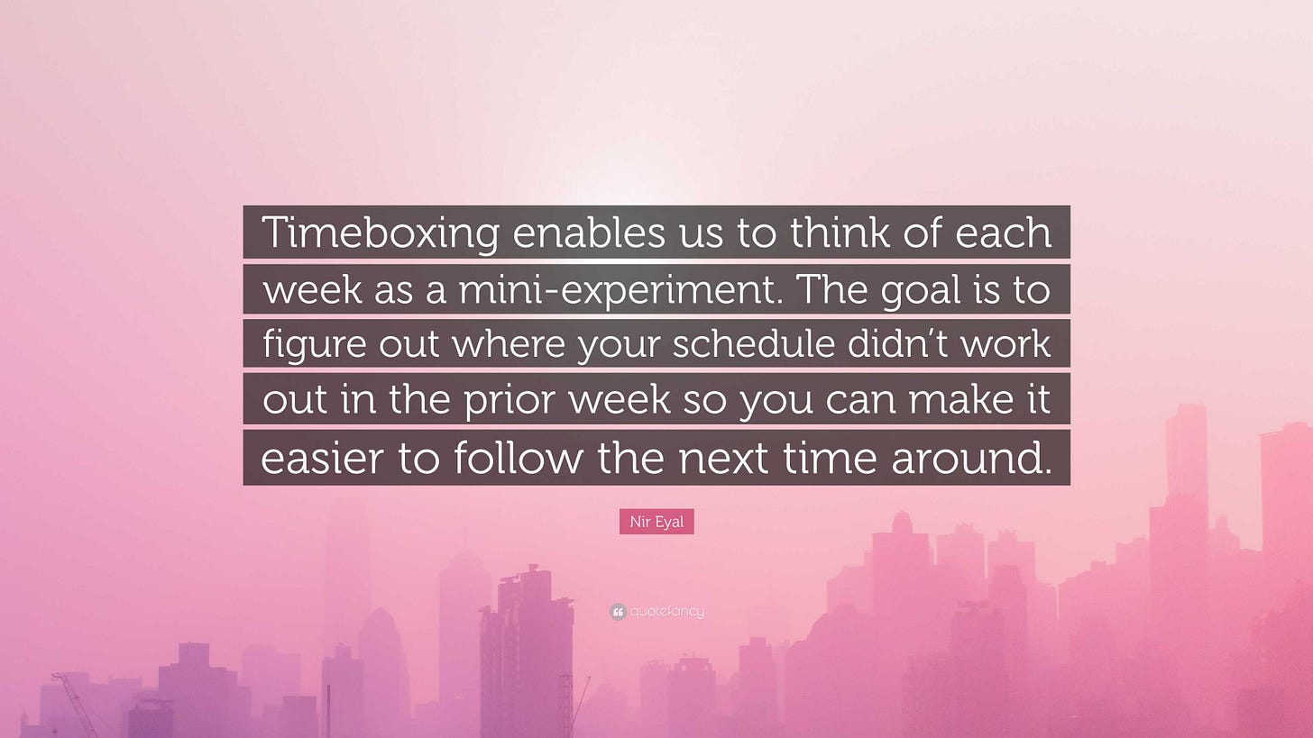 Nir Eyal Quote: “Timeboxing enables us to think of each week as a  mini-experiment. The goal is to figure out where your schedule didn't w...”