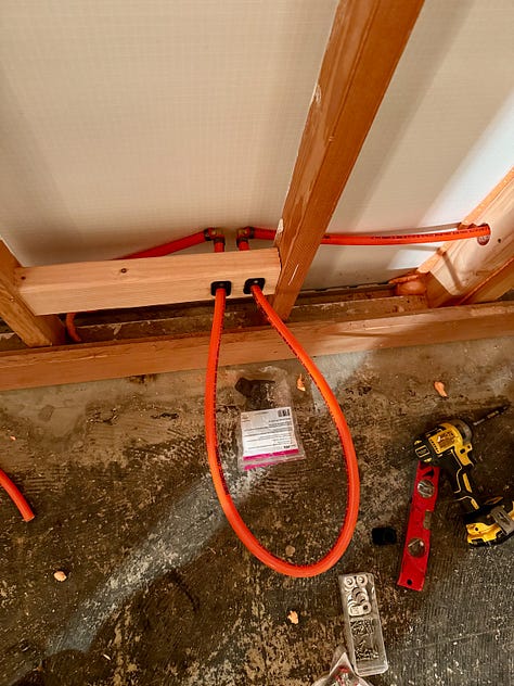 Photos of PEX being installed and a pressure gauge showing it pressurized to 100 psi.