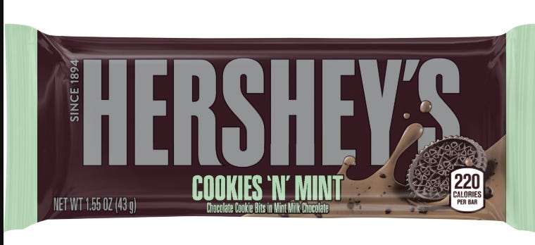 A photo of the mint chocolate HERSHEY's bar with brown and pale green colours.