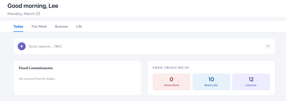 Screenshot of Today tab showing three email triage boxes 