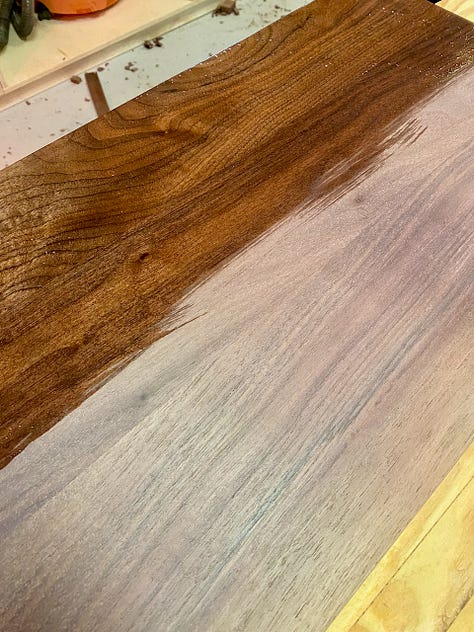 Adding stain transforms the wood. Then I saw flaws that I needed to go back and correct before adding the finishing touches.