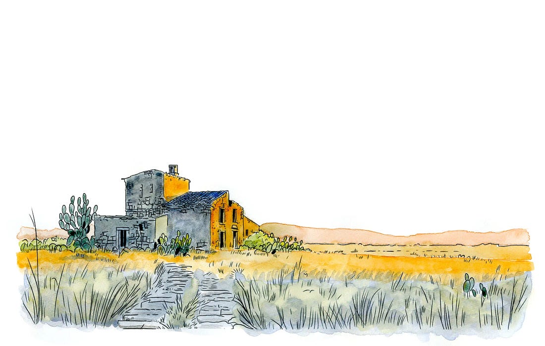 Liner pen and watercolor sketch of the Noto Valley at sunset: golden fields and a weathered stone farmhouse among prickly pear cactus, with an old stone path running through the grass. Liner pen and watercolor sketch of the Noto Valley at sunset: golden fields and a weathered stone farmhouse among prickly pear cactus, with an old stone path running through the grass.