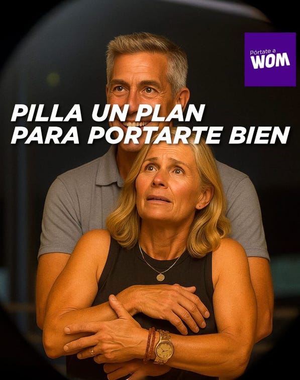 WOM Chile cheeky advertising campaign with the slogan “Pilla un plan para portarte bien.” An example of bold, tongue-in-cheek marketing that disrupted the Chilean telecom market and challenged incumbents like Entel.