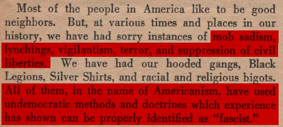 A screenshot from the 1945 Army document with red highlights. The text warns of America's history of "mob sadism, lynchings, vigilantism, terror, and suppression of civil liberties," identifying these as "undemocratic methods... identified as 'fascist.'" A screenshot from the 1945 Army document with red highlights. The text warns of America's history of "mob sadism, lynchings, vigilantism, terror, and suppression of civil liberties," identifying these as "undemocratic methods... identified as 'fascist.'"