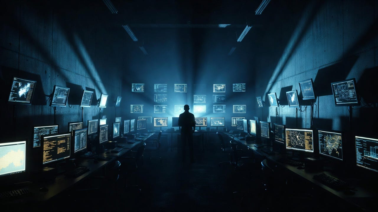 A lone figure stands in a vast dark operations center surrounded by dozens of monitors displaying maps, network data, and code on both walls and the floor, representing the multi-actor state-sponsored infrastructure behind the DarkSword exploit campaigns