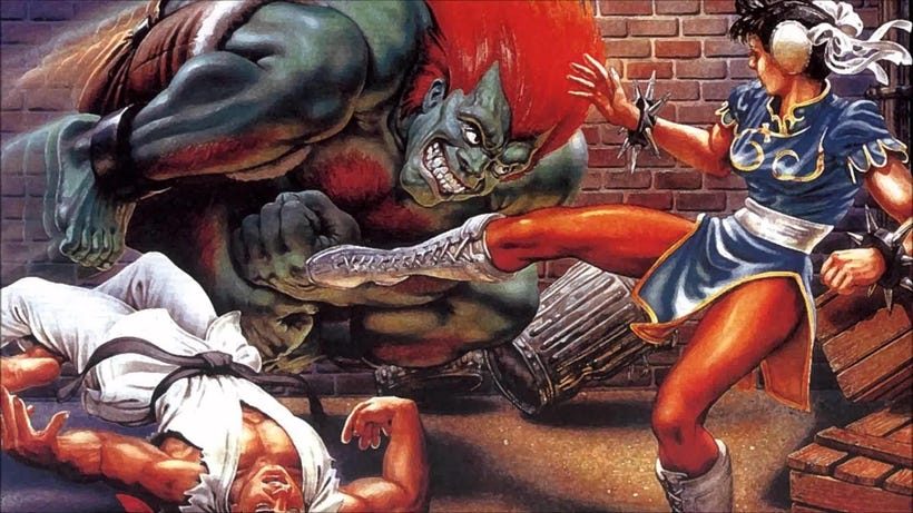 The art for Street Fighter 2 shows Blanka rolling through Chun-Li and Ryu in an alley brawl The art for Street Fighter 2 shows Blanka rolling through Chun-Li and Ryu in an alley brawl