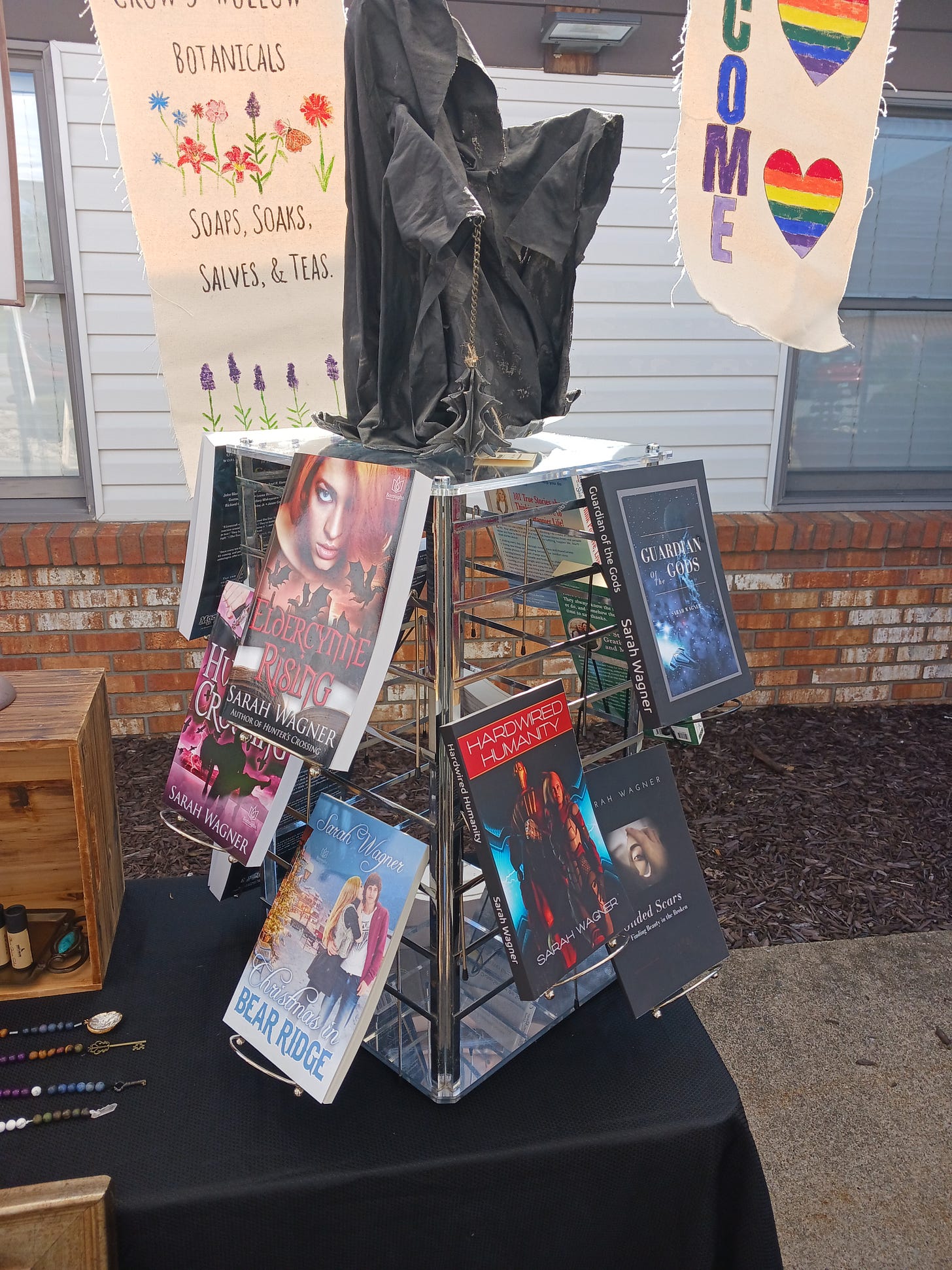 spinning book stand loaded up with books by Sarah Wagner 