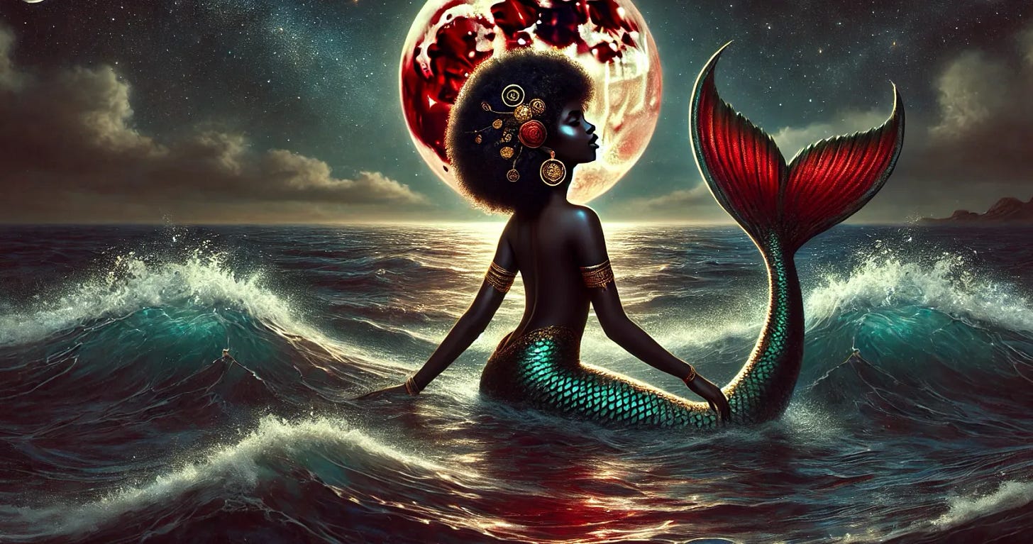 A mystical, artistic image of an African mermaid emerging gracefully from the ocean waves under a glowing red Blood Moon. The mermaid has rich dark skin, adorned with gold jewelry and flowing natural hair, partially wet from the sea. Her tail shimmers with iridescent scales reflecting the moonlight. The ocean is dark and luminous, with waves softly glowing in deep reds and blues. The Blood Moon dominates the night sky, surrounded by faint stars and clouds. The overall mood is magical, ethereal, and powerful, evoking themes of rebirth, mystery, and ancestral connection. No words or text, just visual symbolism.