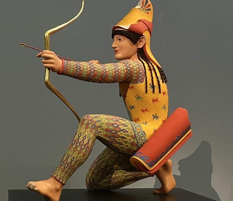 Colored reconstructions of the archer from the Temple of Aphaia in Aegina, c. 500 BC. As with a number of the reconstructions, this Colored reconstructions of the archer from the Temple of Aphaia in Aegina, c. 500 BC. As with a number of the reconstructions, this