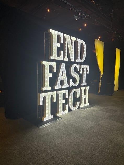 Three images, two of which show large signs in lights reading The Slow Tech Awakening and End Fast Tech. The third image is a real-life collage of old technology as an art display.