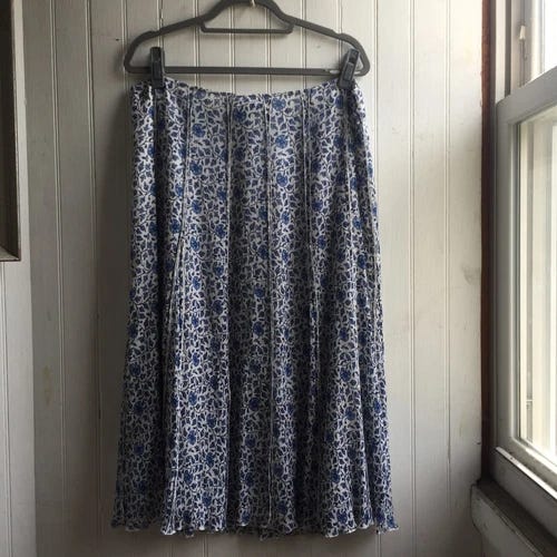 Emanuel Ungaro Blue White Floral Midi Maxi Skirt Silk Cotton Lined Size 16 Flowy - Picture 12 of 18