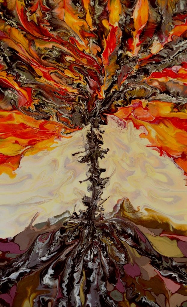 An acrylic tree in bright orange autumn colors. The leaves are orange and red and yellow and brown. The base of the tree is deep earthy browns and purples. Original artwork by Anna Loscotoff.