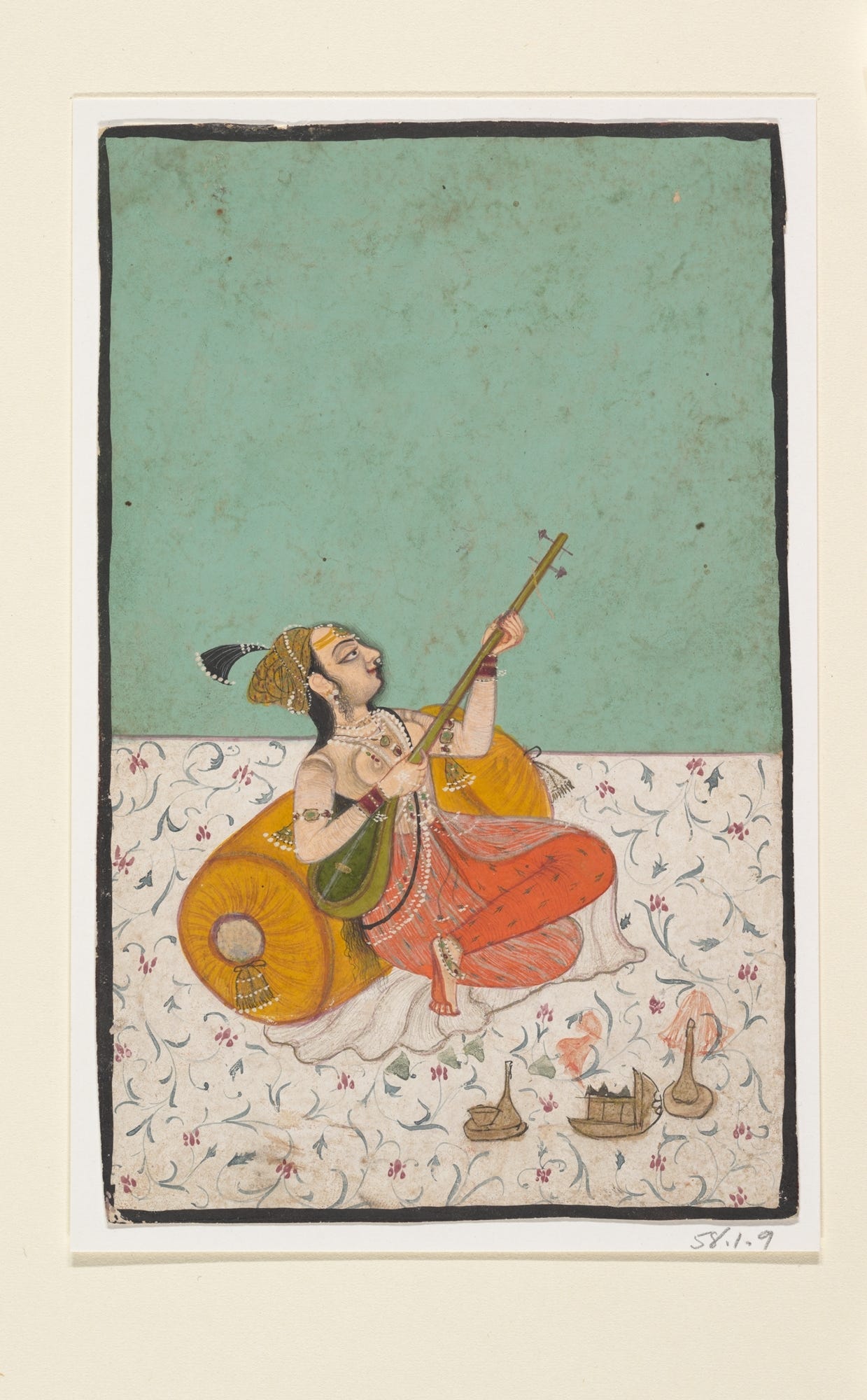 Lady Musician Playing a Sitar, Ink and opaque watercolor on paper, India (Rajasthan, Kota) Lady Musician Playing a Sitar, Ink and opaque watercolor on paper, India (Rajasthan, Kota)