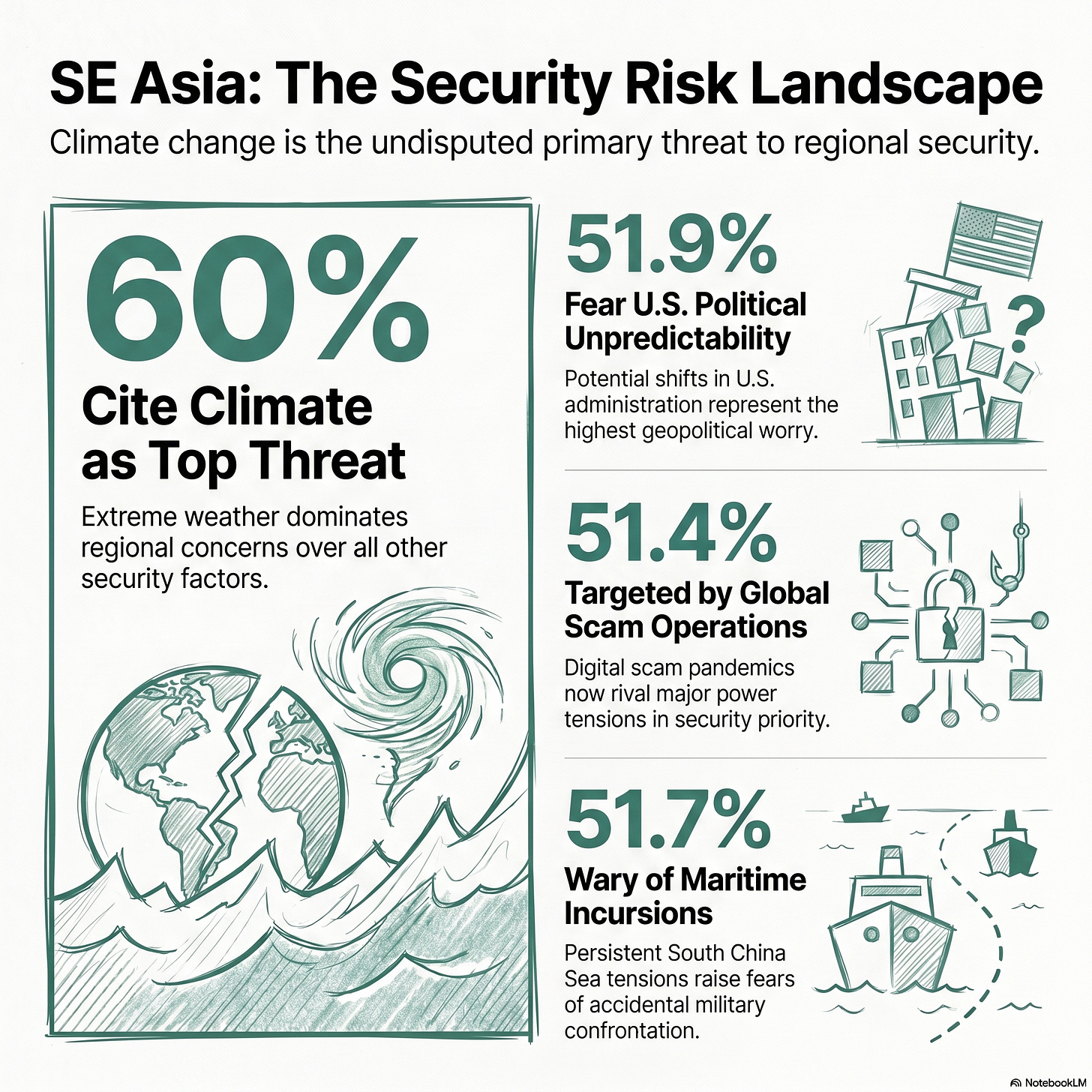 An infographic titled "SE Asia: The Security Risk Landscape" highlighting climate change as the primary regional threat at 60%, closely followed by concerns over U.S. political unpredictability, global digital scams, and maritime incursions.