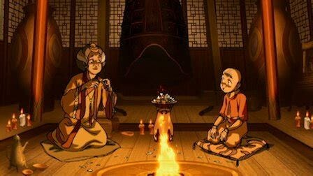 A scene from Avatar the Last Airbender, where Aang is visting the Oracle for a reading