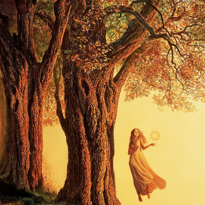 LEFT: Detail from RISING featuring a woman in long dress hovering in open air. She holds her hands out as if presenting a clear spherical vessel containing a solitary flame. The trees next to her are intricately texture, and their leaves are as yellow as the golden light of the sun the bathes the entire image in warmth. RIGHT: Background detail from RISING featuring the artists sigil, the stylized letters M and W combined within a circle, hidden among the leaves of the trees.