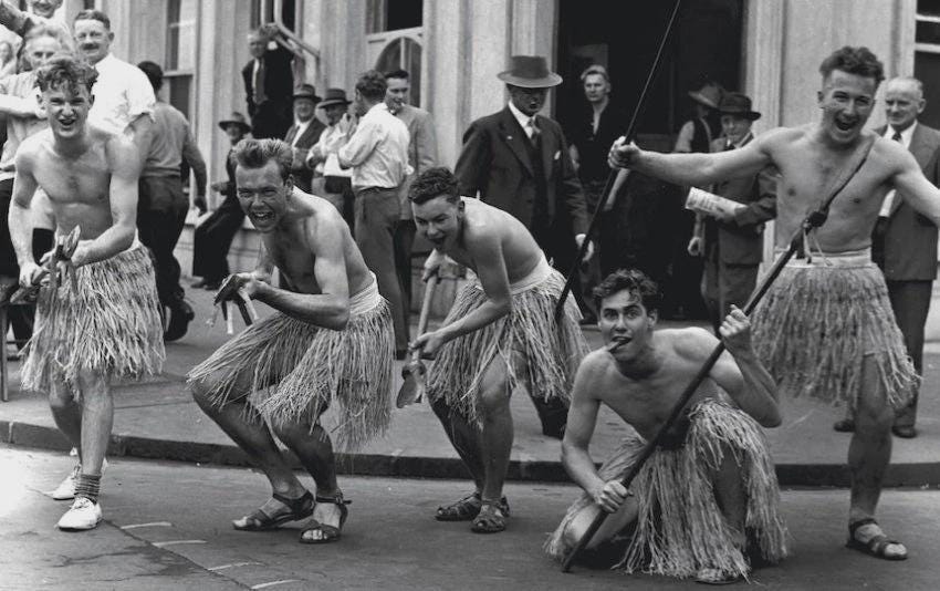 Students at Auckland University perform a mock haka, 1955 Students at Auckland University perform a mock haka, 1955