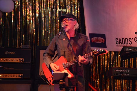 Various images of a music concert with bass, electric guitars and drums and a man and a woman singing