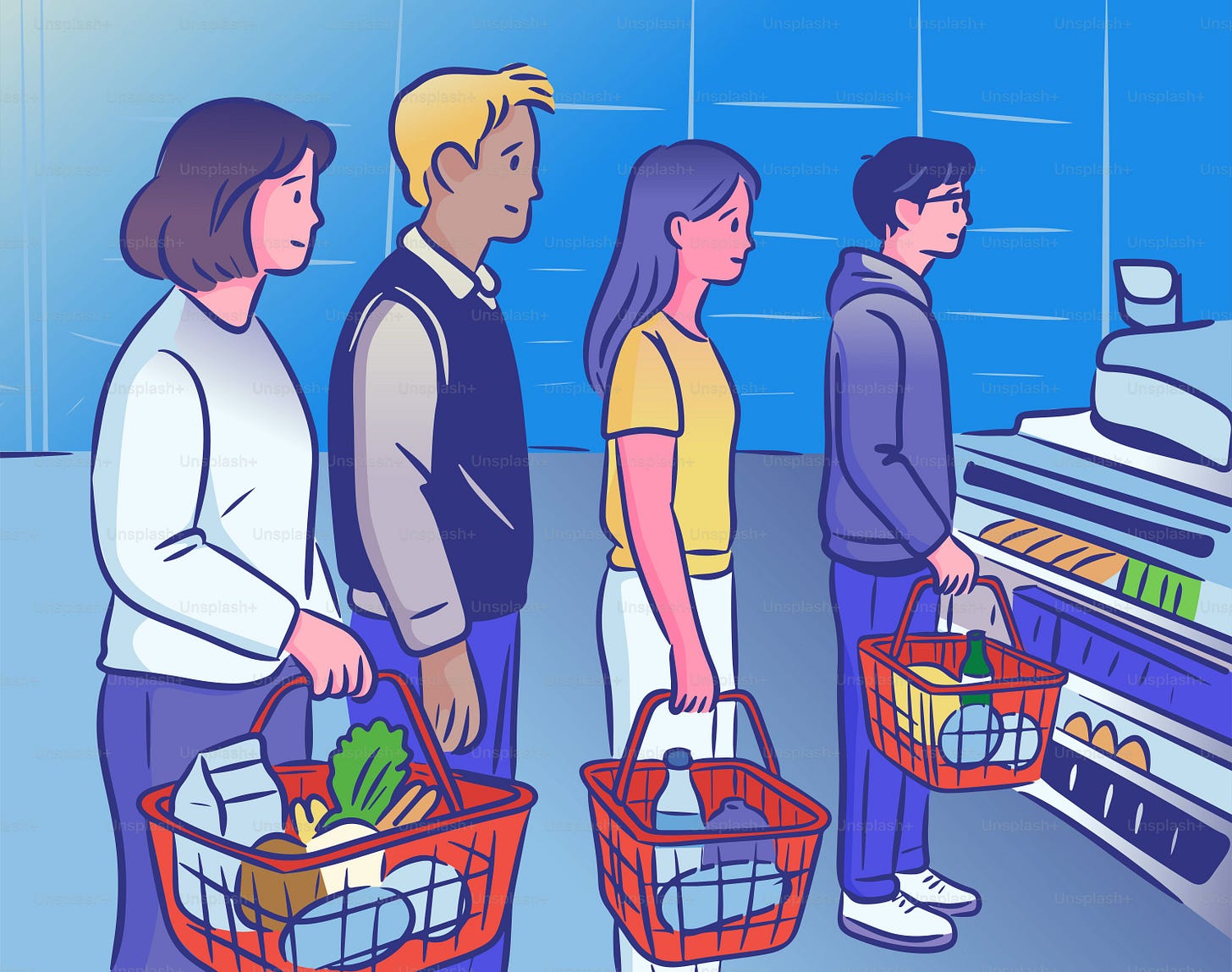 People are waiting in line at the grocery store. People are waiting in line at the grocery store.