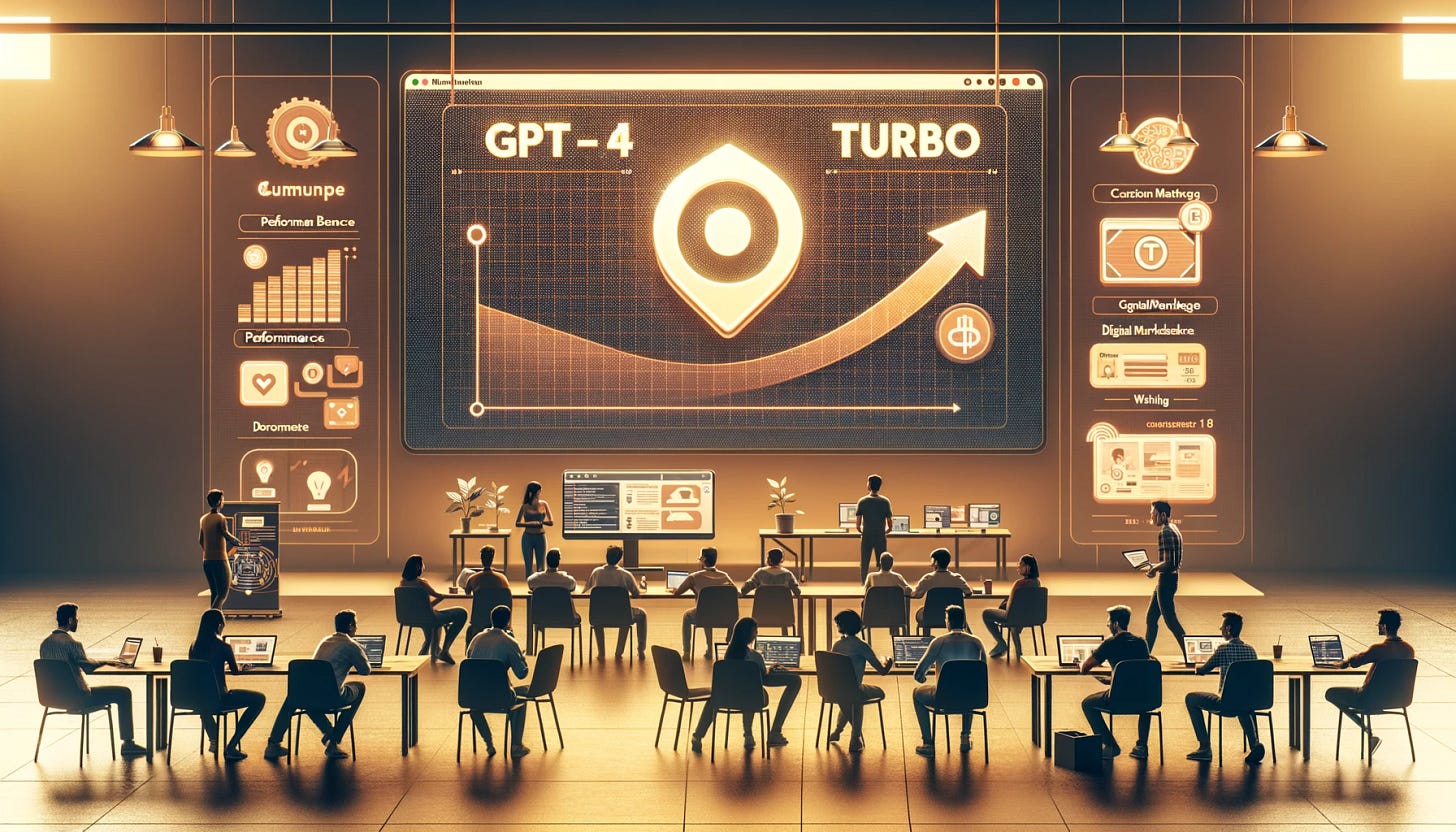 Create an editorial wide cover image for the GPT-4 Turbo launch with a warmer aesthetic. Picture a contemporary developer conference scene with soft, ambient lighting to add warmth. Include a diverse array of developers (Caucasian female, Hispanic male) who are collaborating and sharing ideas, with a focus on inclusion and community. The GPT-4 Turbo logo should be displayed on a central screen, with a simple, easy-to-read performance and pricing chart that has a warm color palette. On the side, a user is seen customizing a GPT agent on a computer, the screen glowing with warm tones. The digital marketplace corner should have a welcoming feel, with icons of GPT agents that have a friendly design. The overall mood should be inviting and optimistic, representing a space where technology brings people together. Create an editorial wide cover image for the GPT-4 Turbo launch with a warmer aesthetic. Picture a contemporary developer conference scene with soft, ambient lighting to add warmth. Include a diverse array of developers (Caucasian female, Hispanic male) who are collaborating and sharing ideas, with a focus on inclusion and community. The GPT-4 Turbo logo should be displayed on a central screen, with a simple, easy-to-read performance and pricing chart that has a warm color palette. On the side, a user is seen customizing a GPT agent on a computer, the screen glowing with warm tones. The digital marketplace corner should have a welcoming feel, with icons of GPT agents that have a friendly design. The overall mood should be inviting and optimistic, representing a space where technology brings people together.