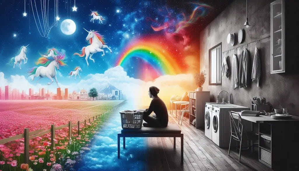 The left side symbolizes perception, frequently shaped by individual biases and constrained knowledge rainbows and unicorns. In contrast, the right side embodies reality, characterized by its objective and factual nature, black and white, doing laundry.