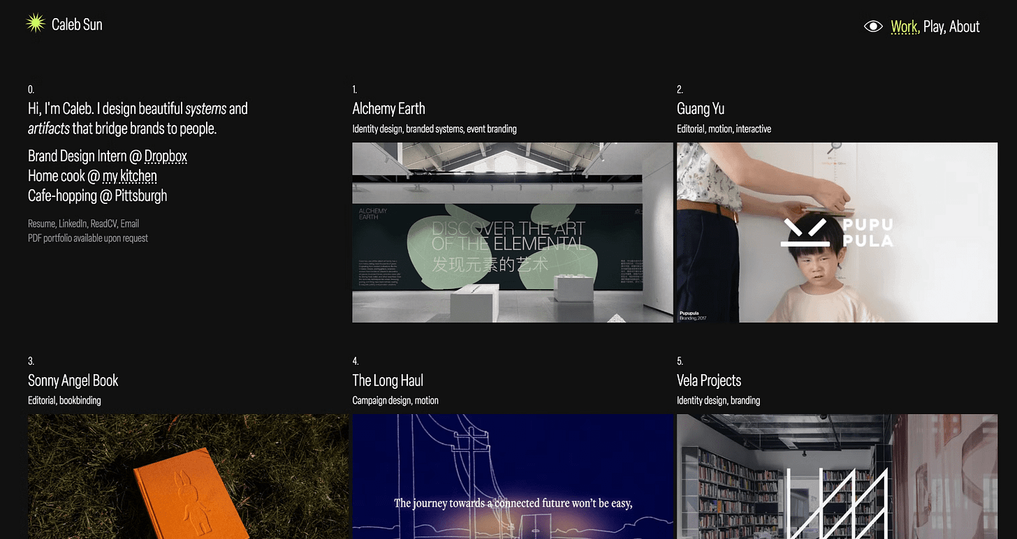 Example portfolio home page (UXA former VP of Content Caleb Sun) Example portfolio home page (UXA former VP of Content Caleb Sun)