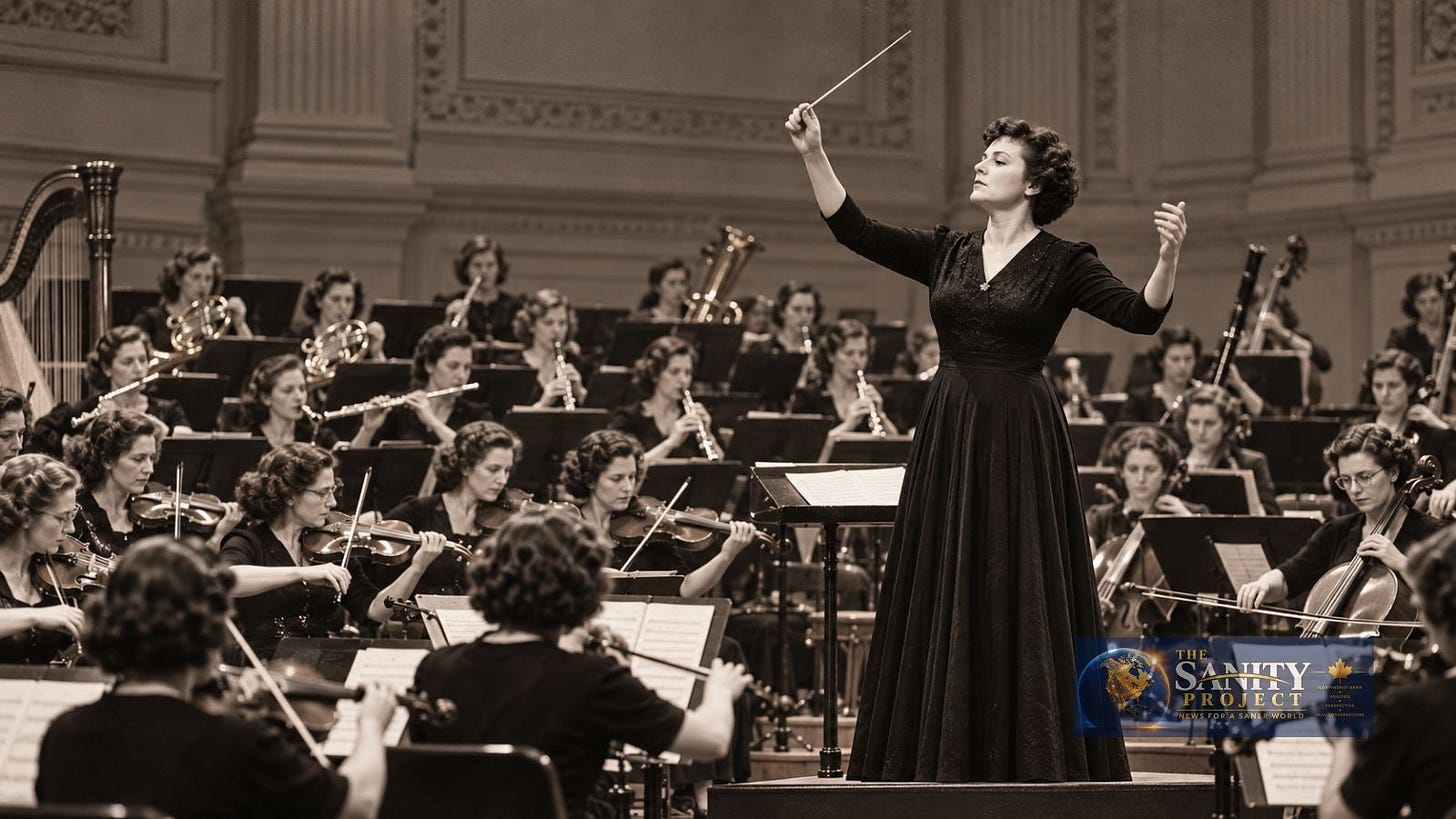 Ethel Stark conducting the Montreal Women's Symphony Orchestra, the first Canadian orchestra to perform at Carnegie Hall in 1947.