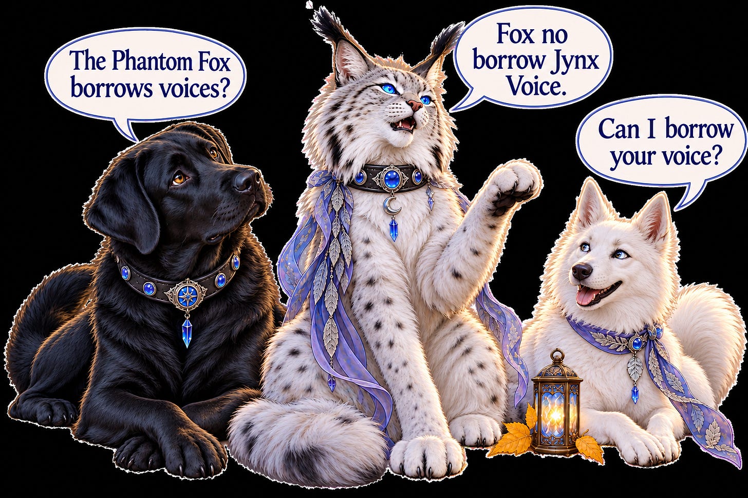 Barrow asking if the Phantom Fox borrows voices. Jynx saying the fox can't borrow his voice. Spirit asking Jynx if she can borrow his voice. Barrow asking if the Phantom Fox borrows voices. Jynx saying the fox can't borrow his voice. Spirit asking Jynx if she can borrow his voice.