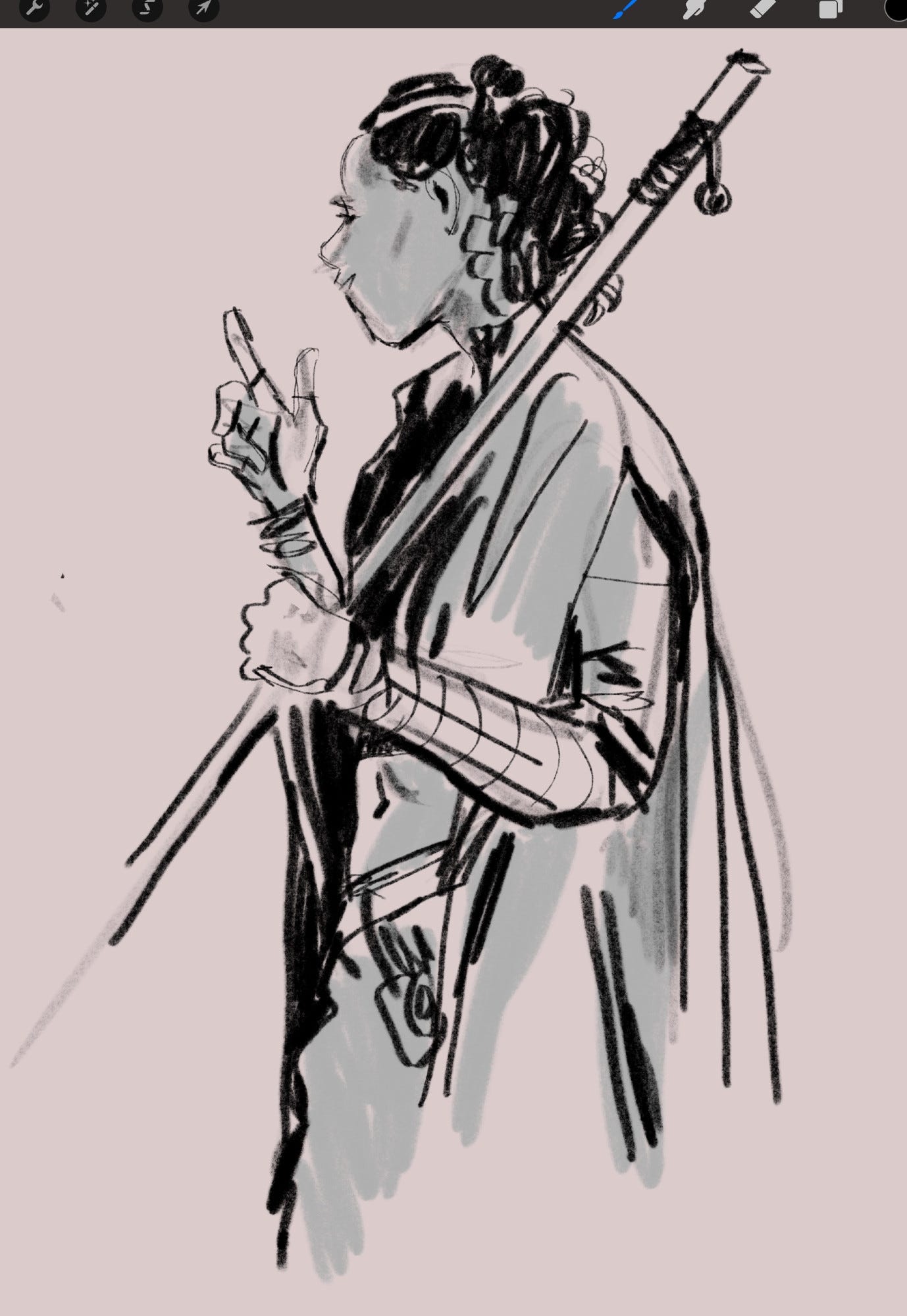 life drawing sketch of a model in cosplay with a staff and a smile