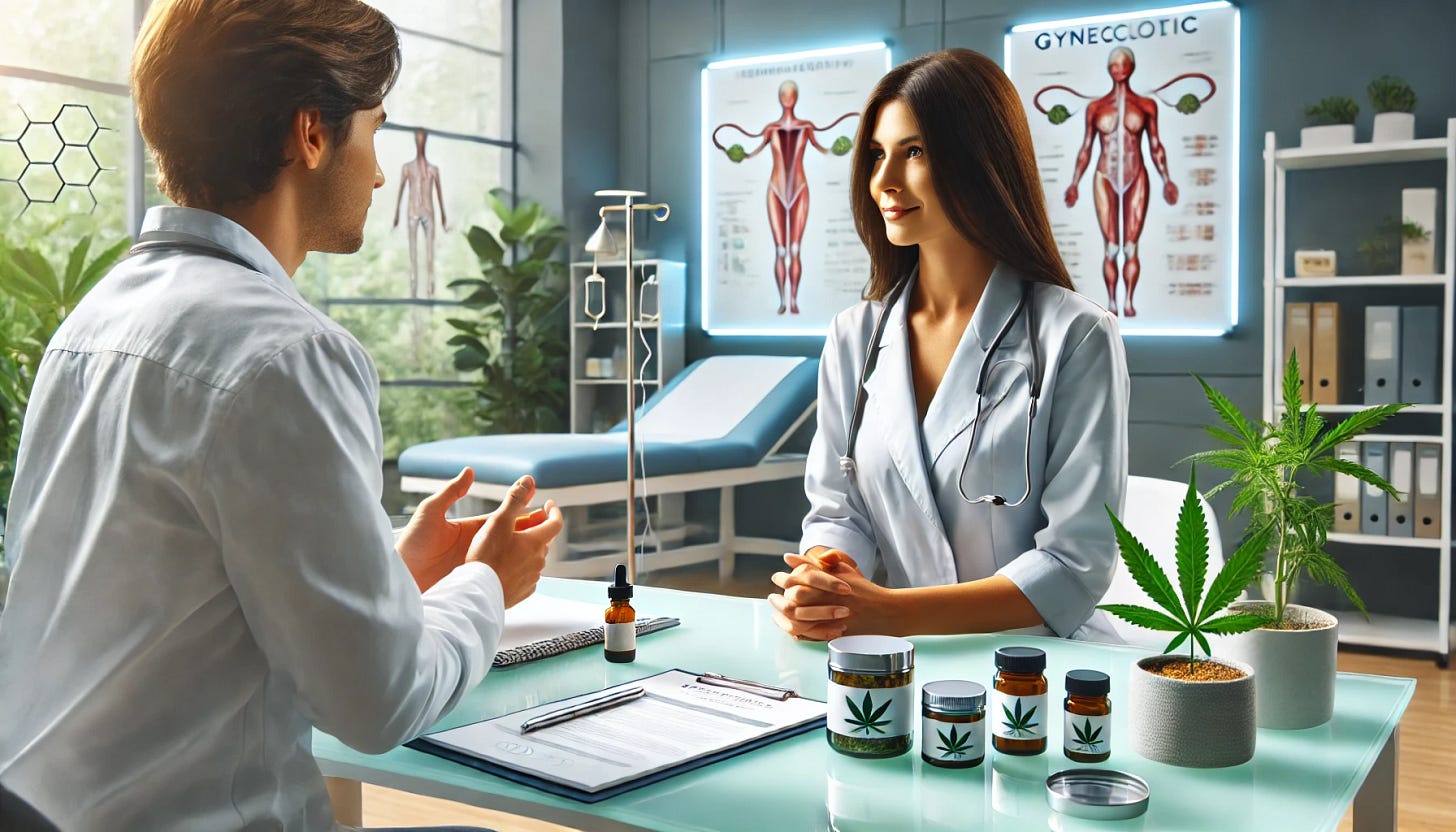 A serene medical consultation setting where a female patient is discussing with her doctor. The doctor is explaining various treatment options, with cannabis products on the table. The background shows a modern medical office with charts and diagrams related to gynecologic health. The scene captures a sense of professionalism, empathy, and informative discussion.