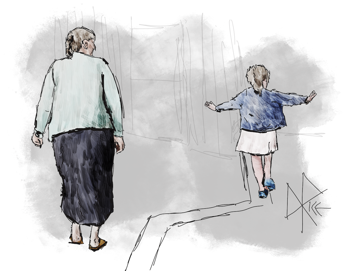 A young girl holds her arms akimbo as she walks along a curb as if it were a beam, as an adult strolls beside her. Sketch art by Don Rice. A young girl holds her arms akimbo as she walks along a curb as if it were a beam, as an adult strolls beside her. Sketch art by Don Rice.