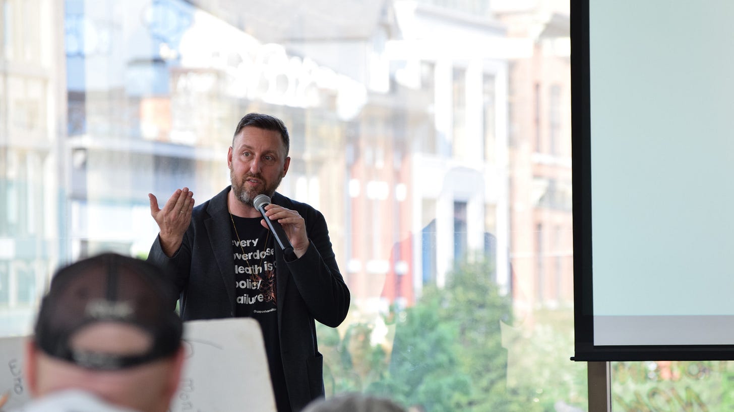 Councillor Kroetsch speaking to tenants in downtown Hamilton in 2025 Councillor Kroetsch speaking to tenants in downtown Hamilton in 2025