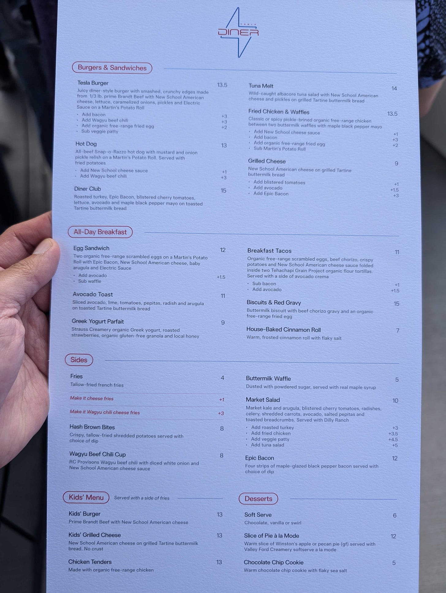 Full menu, page 1 at the Tesla Diner in Hollywood.
