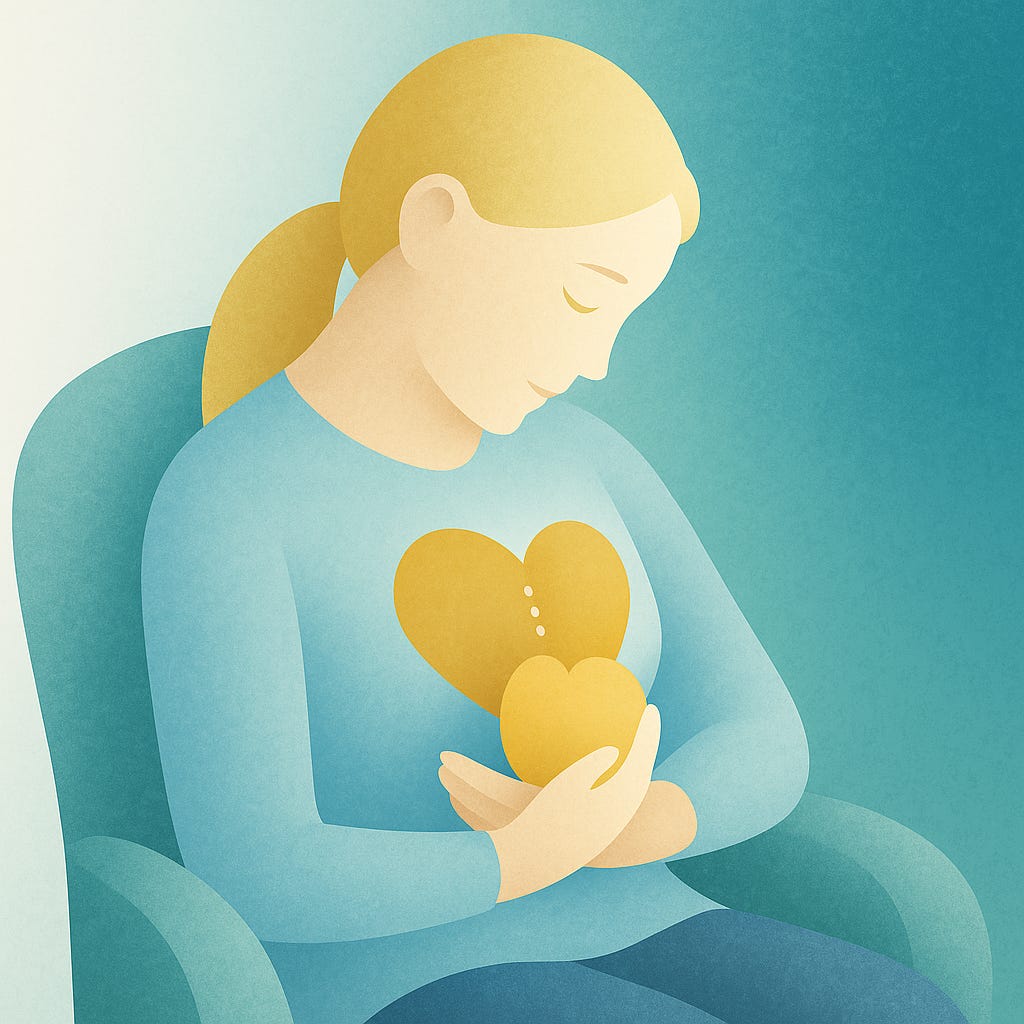 Spiritual formation for our soul and relationships. A mother looking down to her heart like she might her child. 