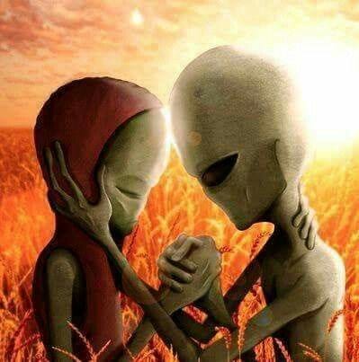 This may contain: an alien couple standing in the middle of a field with their heads touching each other