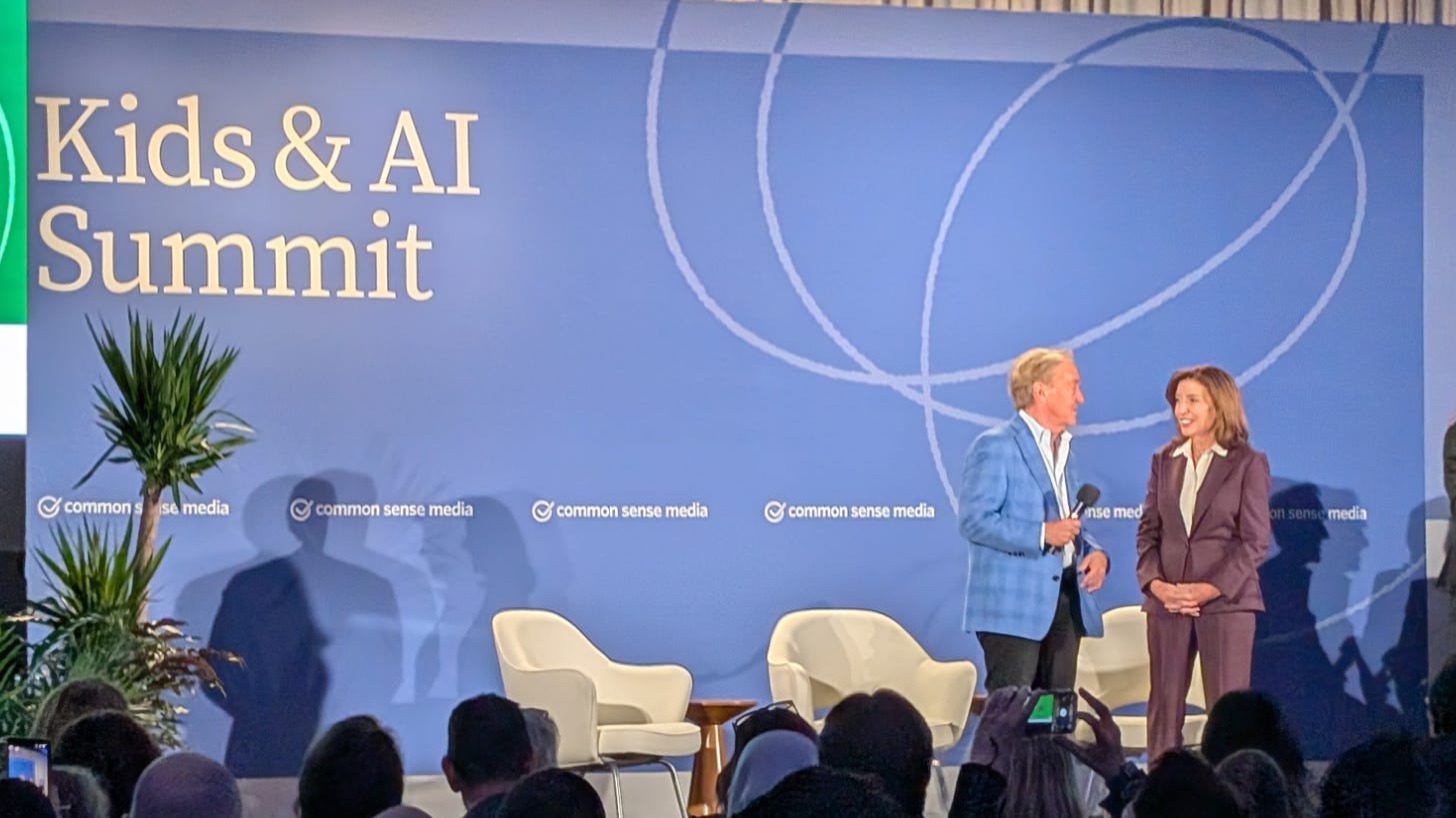 Governor Kathy Hochul and Jim Steyer talk on stage at the Kids & AI Summit Governor Kathy Hochul and Jim Steyer talk on stage at the Kids & AI Summit