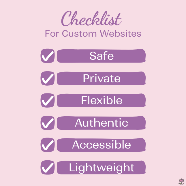 Checklist for custom websites: safe, private, flexible, authentic, accessible, lightweight Checklist for custom websites: safe, private, flexible, authentic, accessible, lightweight
