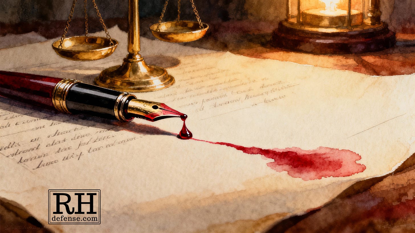 A brass scale of justice beside a fountain pen on a wooden desk, a drop of red ink spreading across legal paper — symbolizing belief bleeding into proof.