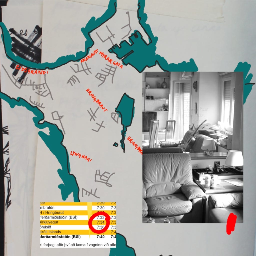 Travel journal page showing bus times in the city