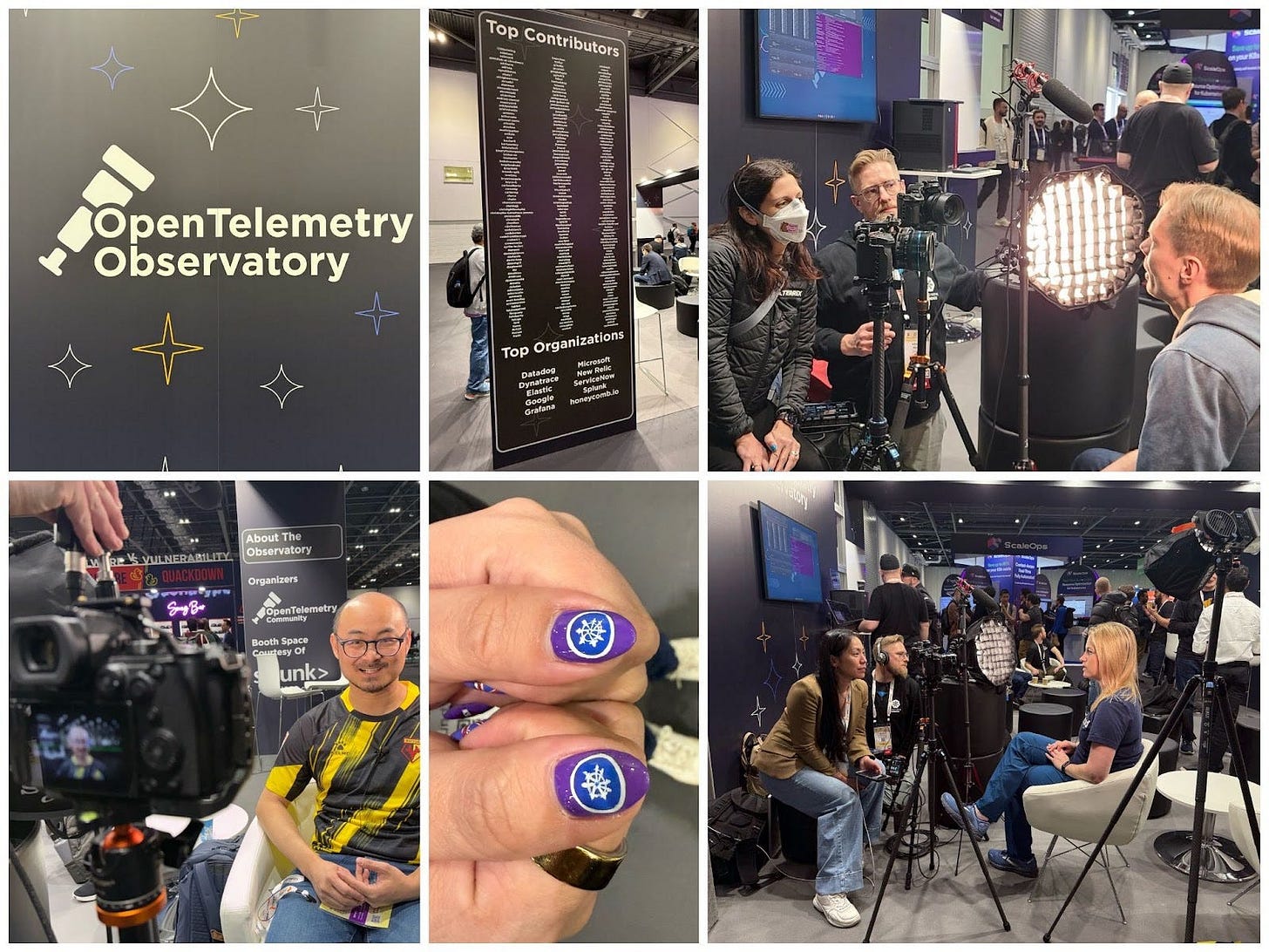 A collage from the OpenTelemetry Observatory event. The top images include the logo featuring a telescope and star designs, a board recognizing top contributors and organizations like Dynatrace, Google, and Microsoft, and a filming setup with cameras and lighting. The bottom images highlight a person being filmed, fingers with Kubernetes-themed nail art, and a lively event space with people filming and networking.