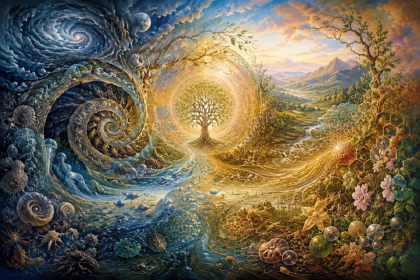 Hand-painted cosmic landscape showing dark spirals, flowing water, organic life, golden threads, and a luminous tree, symbolising evolution as consciousness widening through pressure, coherence, and growth.