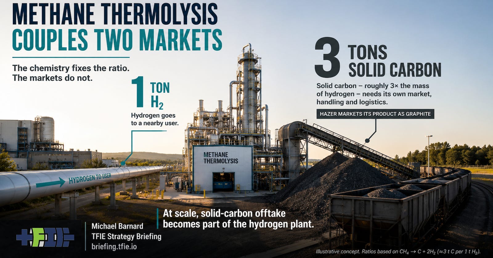Methane thermolysis plant sends hydrogen to a nearby user while a larger solid-carbon stream requires separate logistics.