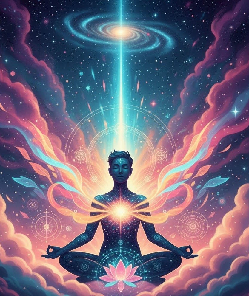 A serene, gender-neutral silhouette sits in a meditative lotus position amidst a swirling cosmic backdrop of pink, purple, and blue clouds and stars. A brilliant light emanates from the figure's heart center, expanding outward in vibrant, wing-like streams of pink, orange, and blue auric energy that flow around the body. Intricate geometric and circular patterns of light overlay the space behind and around the figure, hinting at sacred geometry. Above the figure's head, a strong, luminous beam of blue light extends directly upwards towards a distant spiral galaxy, symbolizing a connection to Source. A glowing lotus flower rests beneath the figure. The overall image conveys profound spiritual connection, renewal, and the flow of intuition and abundance. A serene, gender-neutral silhouette sits in a meditative lotus position amidst a swirling cosmic backdrop of pink, purple, and blue clouds and stars. A brilliant light emanates from the figure's heart center, expanding outward in vibrant, wing-like streams of pink, orange, and blue auric energy that flow around the body. Intricate geometric and circular patterns of light overlay the space behind and around the figure, hinting at sacred geometry. Above the figure's head, a strong, luminous beam of blue light extends directly upwards towards a distant spiral galaxy, symbolizing a connection to Source. A glowing lotus flower rests beneath the figure. The overall image conveys profound spiritual connection, renewal, and the flow of intuition and abundance.