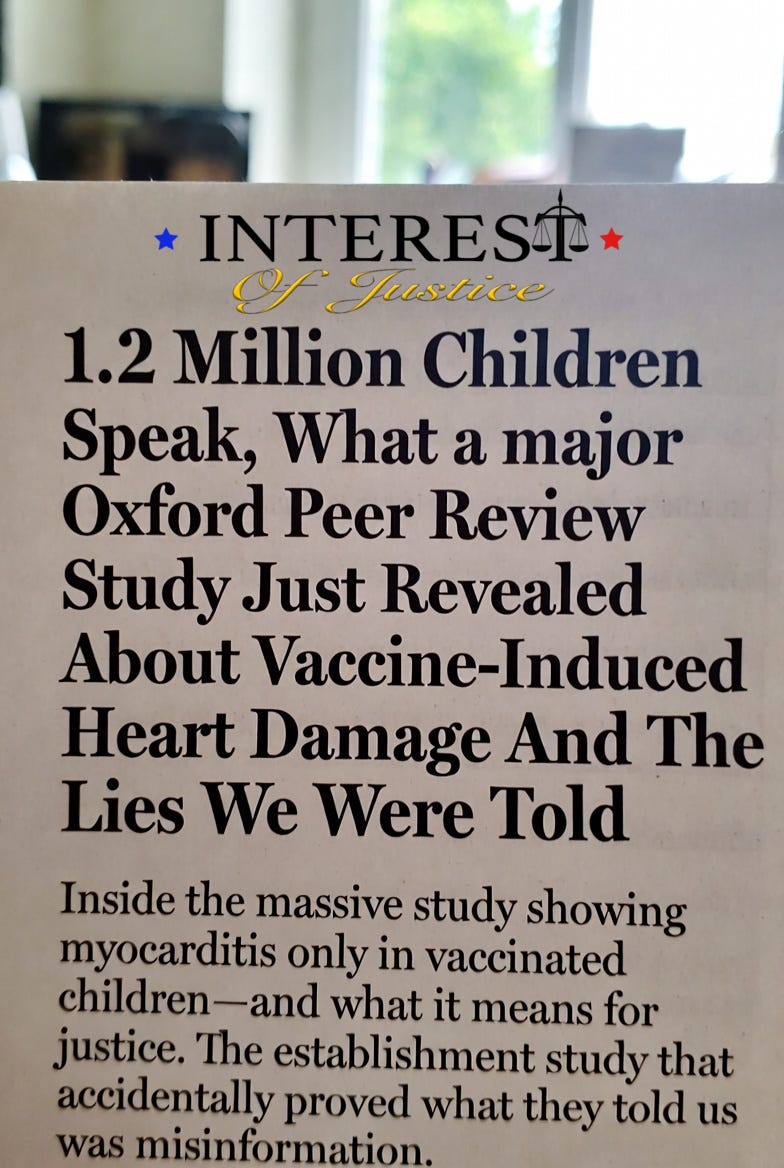 A photograph of a printed page with a serious headline on vaccine-induced heart damage study.