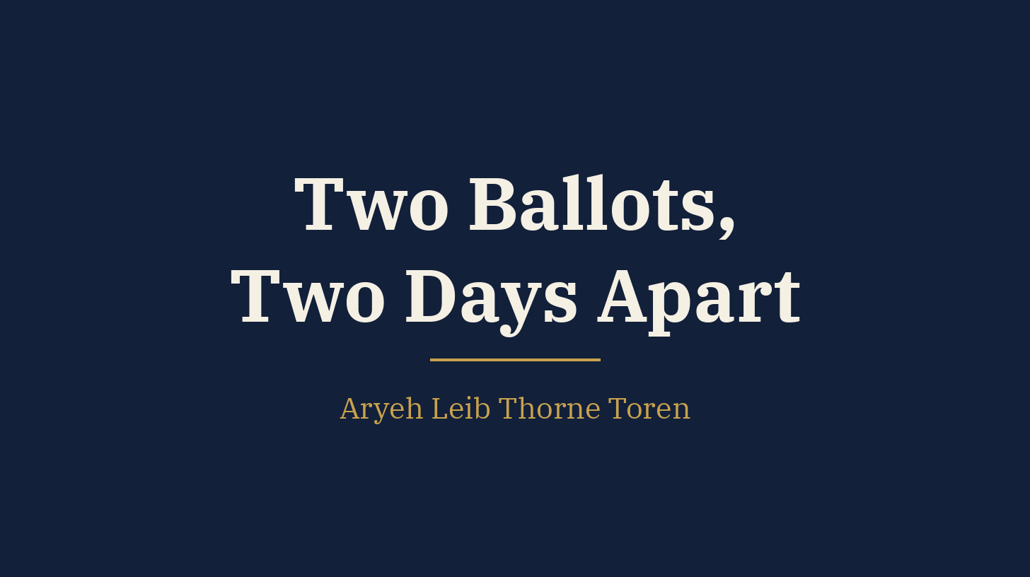 Dark navy title card with the essay title "Two Ballots, Two Days Apart" in large cream serif letters, centered, above a short gold rule and the byline "Aryeh Leib Thorne Toren" in gold.