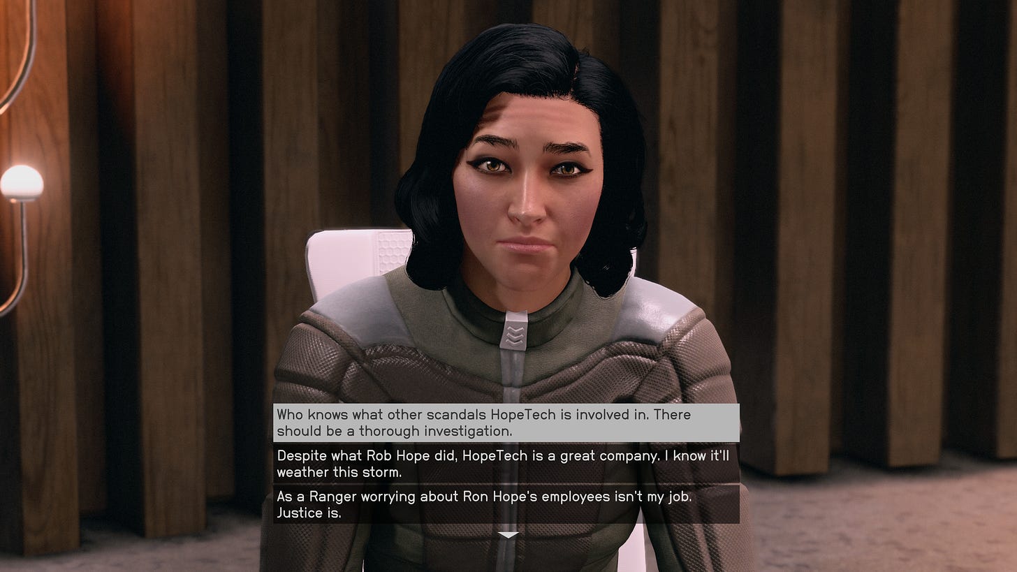 A woman looks up from a desk, beneath her face are dialog options: "Who knows what other scandals HopeTech is involved in. There should be a thorough investigation."; "Despite what Rob Hope did, HopeTech is a great company. I know it'll weather this storm."; "As a Ranger worrying about Ron Hope's employees isn't my job. Justice is."