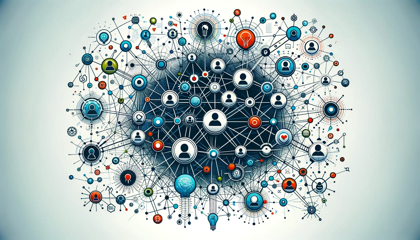 Design a thought-provoking banner that visualizes social network theories. The graphic should depict a web of nodes and connections, with some nodes larger than others to represent influencers or key figures within a network. Each node should be connected by lines that double as pulses of information or energy, highlighting the flow of communication. Add visual metaphors like speech bubbles, lightbulbs, or gears to signify ideas, innovation, and dialogue. Incorporate a variety of abstract human figures around the nodes, interacting with the network in different ways—some creating connections, others observing, to represent different roles people play in social networks. Use a modern and engaging color scheme that conveys connectivity and interaction.
